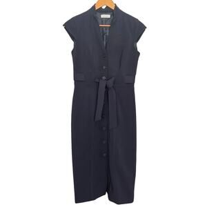 Calvin Klein Navy Belted Midi Shirt Dress Minimalist Office Size 4
